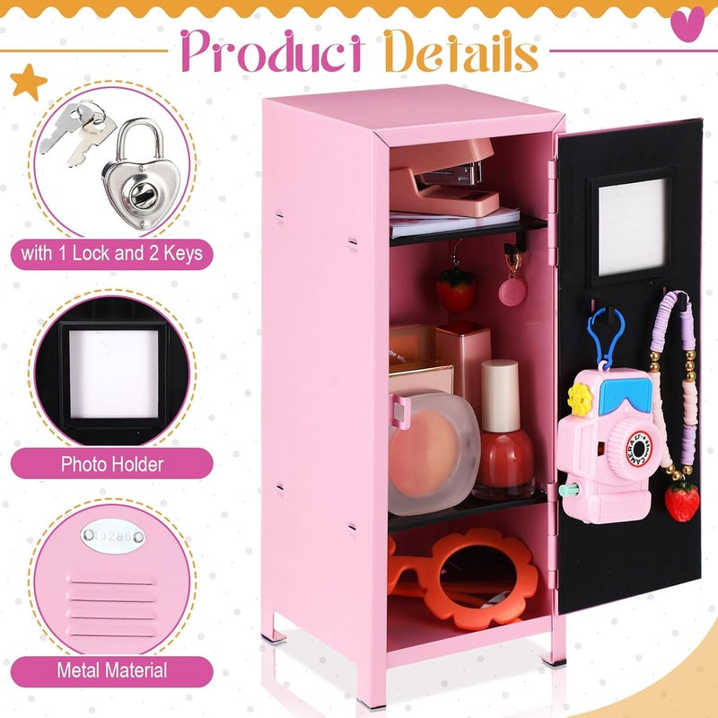 Vercraft 2 Pcs Mini Metal Locker Storage with Lock and 2 Keys 10.8 Inch Small Money Security and Cash Safe Box for Jewelry Back to School Home Office Desktop Container(Pink,Black) - Image 4